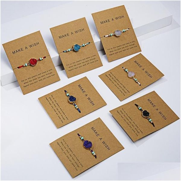 Pulseras con dijes Amistad Pide un deseo Druzy Drusy Resina Pulsera de cuerda trenzada hecha a mano para mujer Tarjeta de fiesta de Navidad Regalo Gota Del Dhcyu