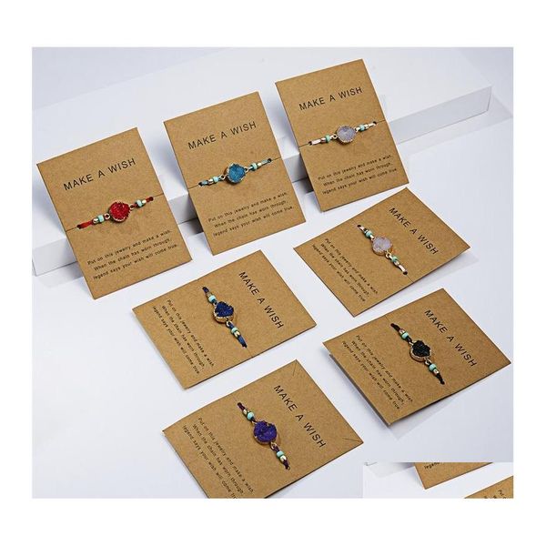 Pulseras con dijes Amistad Pide un deseo Druzy Drusy Resina Pulsera de cuerda trenzada hecha a mano para mujeres Tarjeta de fiesta de Navidad Regalo Drop del DHT8Q