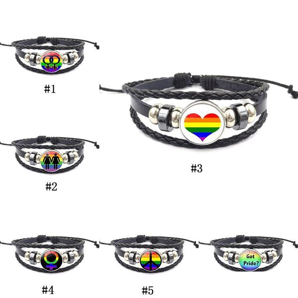 Bracelets De Charme Gay Et Lesbienne Signe Bracelet 18Mm Gingembre Snap Bouton Rainbow Cabochons Verre Tressé Corde En Cuir Pour Femmes Hommes Bijou Dh8W0