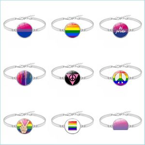 Braccialetti con ciondoli Gay Lesbian Pride Rainbow Sign Bangle For Wome Bracciale con ciondoli in vetro rotondo da uomo Fashion Friendship Lgbt Jewelry In Bk Dhzjl