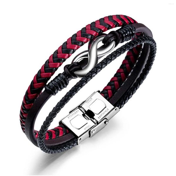 Pulseras de encanto Cuero genuino Infinity Símbolo Brazalete Hombres Mujeres Hecho a mano Étnico Tribal Layerd Pulseras Rojo Negro