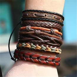 Pulseras con dijes de cuero genuino para hombre, 6 unidades/juego, pulseras de pescado, moda Vintage, negro, marrón, para mujer, joyería para hombre