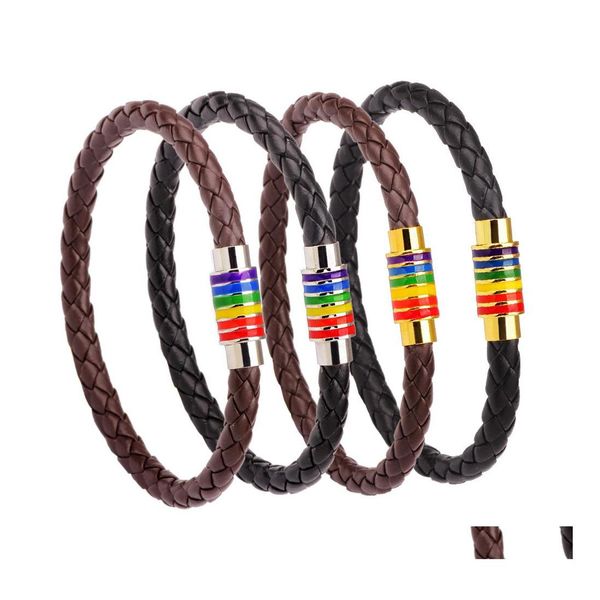 Bracelets de charme Véritable cuir arc-en-ciel LGBT signe Wrap pour femmes hommes gay lesbiennes en acier inoxydable boucle magnétique bracelet bracelet Dr Otsvc