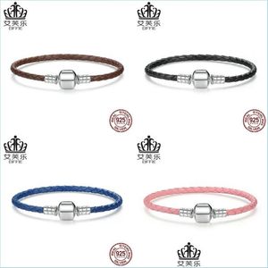 Pulseras de encanto genuino largo doble rosa negro cadena de cuero trenzado pulseras de mujer con 925 Sterling Sier Snake Clasp 2004 Q2 Drop Dhivc