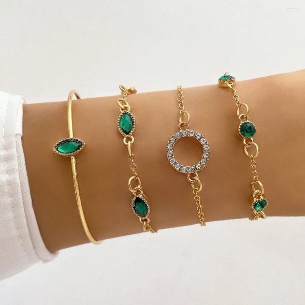 Pulseras de encanto Círculo geométrico Pulsera de circón de cristal verde para mujer Vintage Golod Color Brazalete Cadena Joyería de moda Regalo