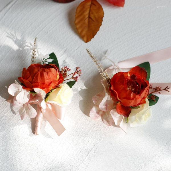 Bracelets porte-bonheur fille Floral poignet Corsage ruban Rose demoiselle d'honneur marié main fleurs mariage boutonnières mariage bal accessoires