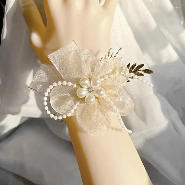 Charm Bracelets Girls Bridesmaid Muñeco Rarsage Bridal Prom Party Boutonniere Satin Rose Pearl Tabet Flowers Boda