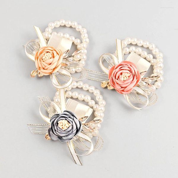 Bracelets de charme Filles Demoiselle D'honneur Poignet Fleurs Perle Ruban Rose Bracelet Pour La Fête De Bal De Mariage Mariée À Être Cadeau Accessoires