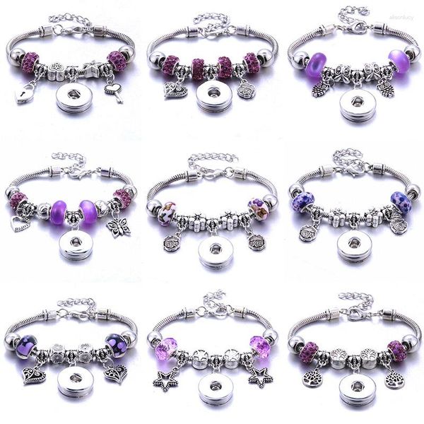 Bracelets de charme Glamour Purple Trendy Crystal Accessoires Bracelet Classic Jewelry Party Gift Snap Bouton 18 mm