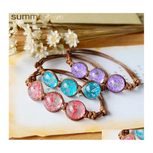 Pulseras con dijes Bola de cristal Pulsera de flores secas Tejido Cera de la suerte Cuerda Bohemia Tejido a mano Púrpura Flores reales Granos Gota Delive Ot7Sn