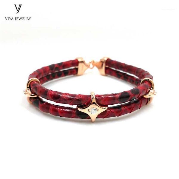Bracelets de charme Bracelet en cuir de python rouge brillant avec crochet en étoile d'argent 925 Design simple de luxe pour hommes a une boîte-cadeau haut de gamme1