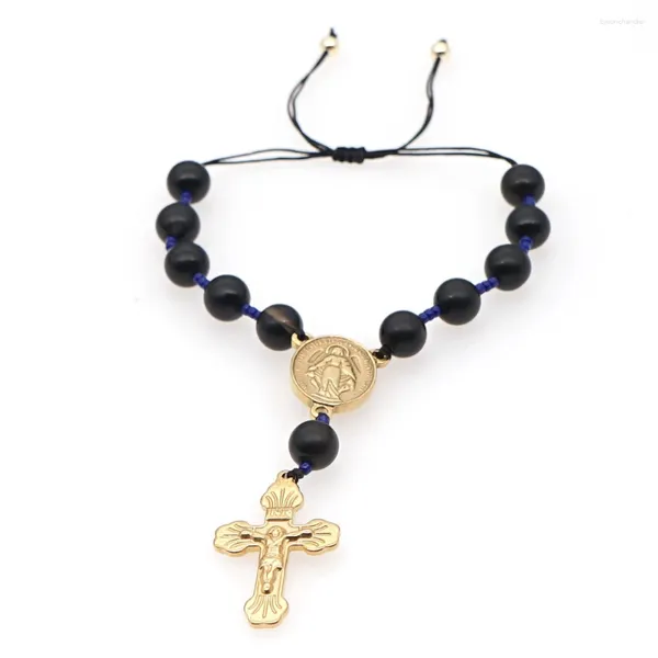 Bracelets de charme Goboho Christ Cross Bracelet pour hommes plaqué or bijoux de prière réglable pierre naturelle Pulsera noir Onyx