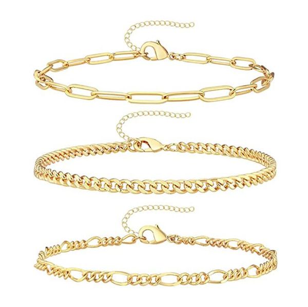 Pulseras con dijes Conjunto de barcelet de color dorado Diseño simple para mujeres Joyería de moda hecha a mano Cuba Figaro Snake Beads Longitud de cadena OTR5X