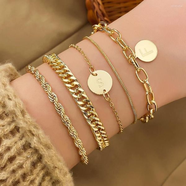 Charm Bracelets Gold Color Chain Set para Mujeres Hombres Letter Disc Pendant Multi-style Chains Bracelet Punk Fashion Jewelry