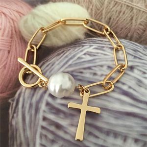 Bedelarmbanden gouden kleurplaten mooie kruis en onregelmatige parel t bar omheining armband voor vrouwen meisje chique verklaring bohemia sieraden