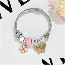 Pulseras de encanto Color de oro Brazalete de acero inoxidable DIY Lindo Crystal Clover Beads para mujeres Niñas Accesorios encantadores Regalos Amigos Drop Otgzq