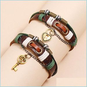 Bedelarmbanden gouden hartsleutel slot bedelarmband string verstelbare mti laag wrap lederen paar armbanden polsband bangle manchet w dhgos