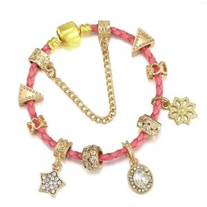 Bracelets porte-bonheur tête de boucle plaqué or série rose corde en cuir bricolage pendentif en cristal d'or étincelant garçon fille bracelet cadeau cheveux raides