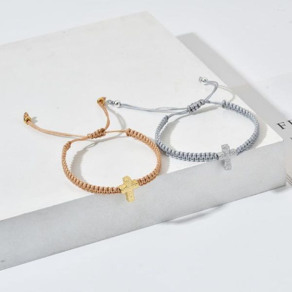 Pulseras con abalorios, Cruz de cobre chapada en oro para mujeres y hombres, pulsera de cuerda ajustable trenzada hecha a mano, joyería de brazalete de la suerte