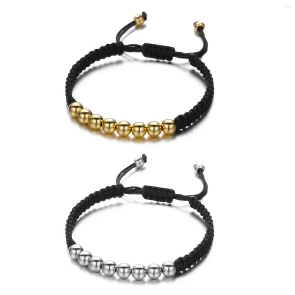 Pulseras con dijes Cuentas de bolas llenas de cobre chapadas en oro Pulsera de macramé Hombres Siete Cuentas de latón Cordón negro Joyería de cuerda ajustable hecha a mano