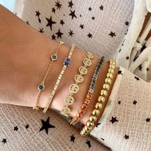 Pulseras con abalorios chapadas en oro para mujer y niña, Micro pavé de Zirconia cúbica, buena suerte, cara sonriente feliz, disco, regalos de cumpleaños, joyería 230329