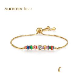 Bracelets porte-bonheur or arc-en-ciel Zircon Bracelet Colorf chaîne réglable Tennis pour femmes filles mode boîte à bijoux livraison directe Otwlq