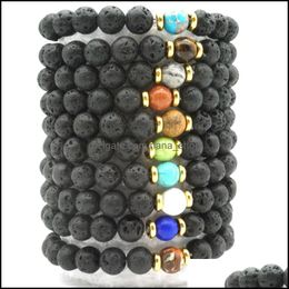 Pulseras con dijes Gold Sier 8 mm Pulsera con cuentas de piedra de lava negra Difusor de aceite esencial Cuerdas de mano de roca volcánica Gota de Dhseller2010 Dhqtk