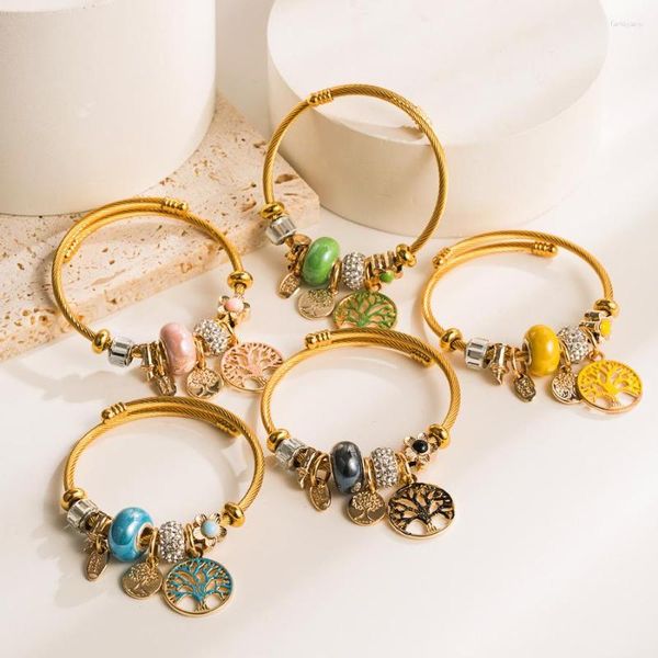 Pulseras de encanto Pulsera de acero inoxidable de oro Árbol de la vida Cristales de esmalte coloridos Cuentas Mujeres Joyería abierta