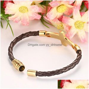 Bracelets De Charme Goldcolor En Acier Inoxydable Croix Bracelets Bracelets Pour Hommes En Cuir Pu Main Chaîne Drop Delivery Bijoux Dhm7B