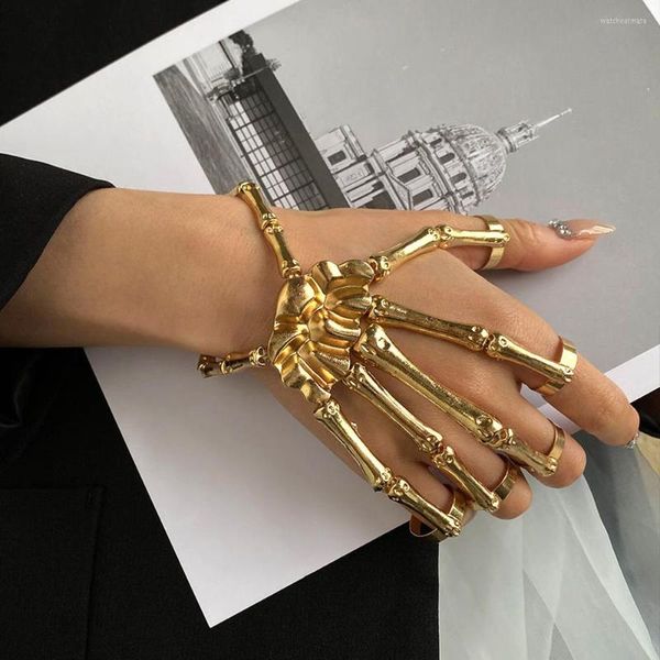 Pulseras Charmets Góticas Skule Dedos de pulsera Unisex Metal Pulsera de hueso de mano con anillo ajustable para mujeres Fiesta de Halloween