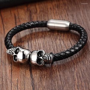 Pulseras con dijes Calavera gótica Esqueleto Acero inoxidable Pulsera de cuero genuino 8 mm Ancho Estilo punk Pulseiras MasculinasCharm CharmCharm Int