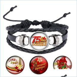 Pulseras con dijes Gran guerra patriótica Día de la victoria Cabujones de cristal Pulsera de cuerda Botón a presión de cuero negro Joyería Hombres Giftsb057 Drop De Dhklj