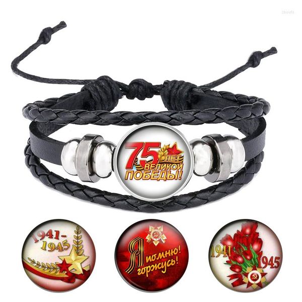 Pulseras con dijes Gran Guerra Patriótica Día de la Victoria Cabujones de vidrio Pulsera de cuerda Botón de cuero negro Joyería Hombres GiftsB057