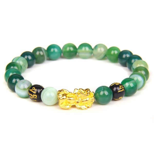 Pulseras con abalorios, pulsera de cuentas de ágata verde Feng Shui Pixiu para mujeres y hombres, pulsera de jade Multicolor a rayas, riqueza, buena suerte