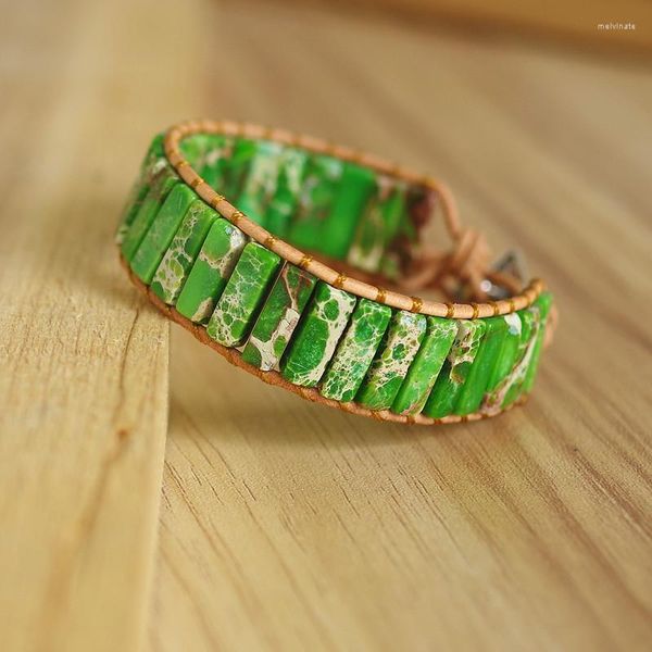 Pulseras con dijes, cuentas de tubo de piedra emperador verde, pulsera envolvente de cuero de Chakra, brazalete para mujeres, hombres, Bohemia, Yoga, regalo de joyería hecho a mano