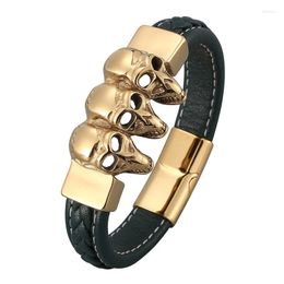 Bedelarmbanden groene lederen schedelarmband mannen goud roestvrij staal magnetische gesp gothic armbanden mannelijke polsbandje feest sieraden