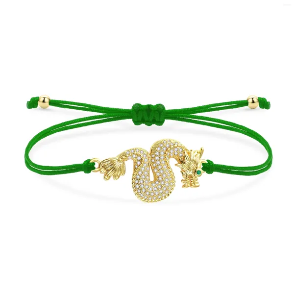 Bracelets de charme GreenWhite Zircone Cubique Cristal Plaqué Or Laiton Dragon Chinois Bracelet Femmes Chanceux Animal Cordon Bijoux Faits À La Main Cadeau