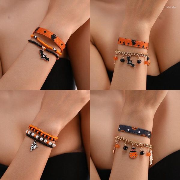 Bracelets de charme Halloween Bracelet Ensemble Coréen Mode Filles Bijoux Cadeau À La Main Perles Perles Citrouille Chauve-Souris Fantôme Pendentif Charms En Cuir