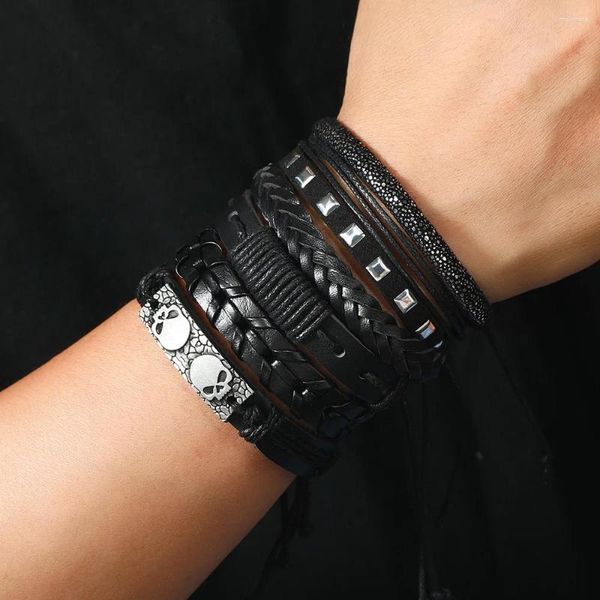 Bracelets de charme Halloween mode Punk crâne hommes en cuir tissé à la main accessoires multicouches amoureux cadeau en gros