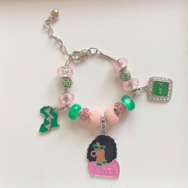 Pulseras de encanto hechas a mano rosa verde cuentas europeas niña mapa griego hermandad fraternidad pulsera joyería