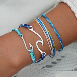 Pulseras con dijes Tejido a mano Pulsera con gancho de pez Mtilayer ajustable Envoltura Mujeres Joyería de playa de verano Will And Sandy Drop Delivery Dhr7S