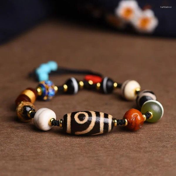 Pulseras con dijes Cuerda tejida a mano Estilo tibetano Dzi Beads Multi-tesoro Pulsera para hombres Cadena Vintage Ágata Templo Joyería étnica