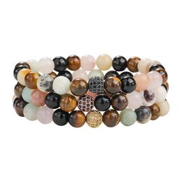 Bracelets de charme Fait à la main 8mm Tiger Eye Naturel Pierre Perles Bracelet pour Femmes Hommes Élastique Cuivre Incrusté Micro Zircon Bijoux Cadeau Dro Dh0Vf