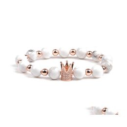 Bedelarmbanden handgemaakte 8 mm witte natuursteen kralen Bracelet kubieke zirkonia kroon voor vrouwen en mannen uniek paar drop levering je dhb5w