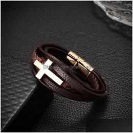 Bracelets de charme à la main noir marron couleur corde tressée en cuir alliage croix rétro bijoux réglables pour hommes femmes livraison directe Dhu2G