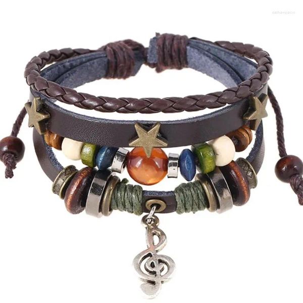 Bracelets de charme faits à la main Boho Design en cuir marron étoile Note charmes bois bouton perles Wrap unisexe réglable Bracelet en gros