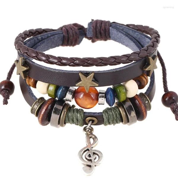 Bracelets de charme faits à la main Boho Gypsy Hippie Design Brown Leather Star G Clef Note Metal Charms Wood Button Perles enveloppe Unisexe Réglable