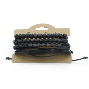 Bedelarmbanden Handgemaakte Gevlochten Mtilayer Touw Leer Houten Kralen 4 Stuks Set Verstelbare Partij Sieraden Voor Mannen Drop Delivery Dhtzg