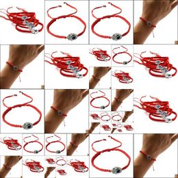 Pulseras con dijes Cuerda trenzada hecha a mano Hilo rojo Ojo azul Traerle Lucky Peacef Longitud ajustable Joyería de entrega Dh6Om