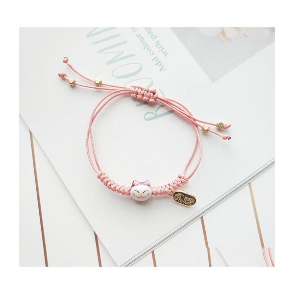 Pulseras con dijes Hecho a mano Colorf Cuerda Lucky Cat Pulsera para mujeres Niñas Regalos de cumpleaños Borla Moda Maneki Neko Pareja Brazaletes C3 Dhtck